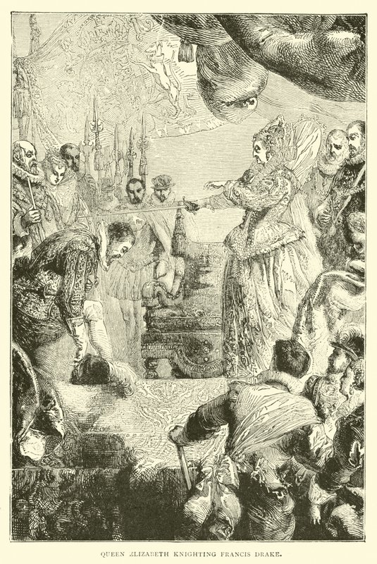 Erzsébet királynő lovaggá ütötte Francis Drake-et alkotó: English School