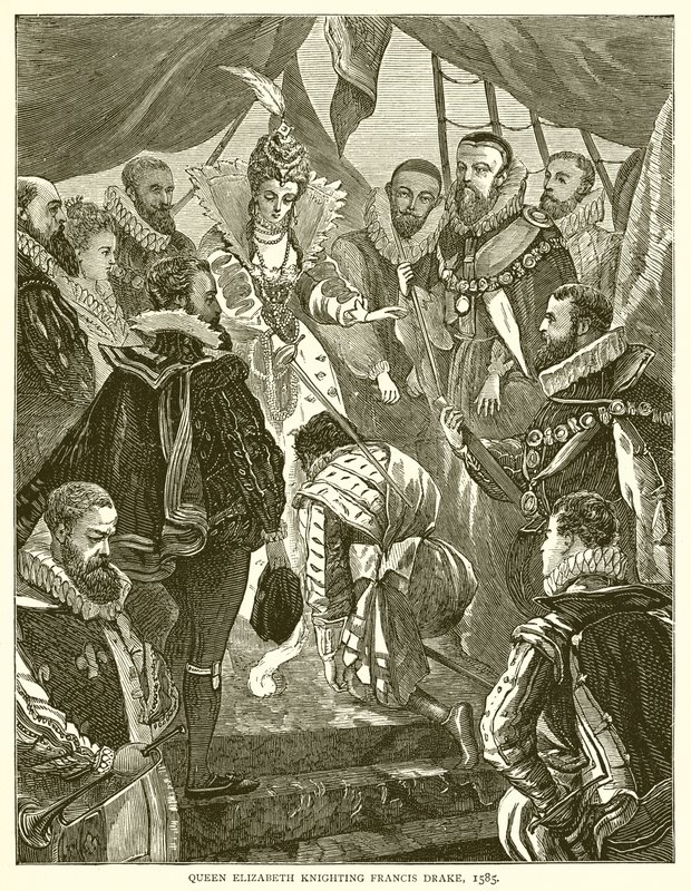 Erzsébet királynő lovaggá üti Francis Drake-et, 1585 alkotó: English School