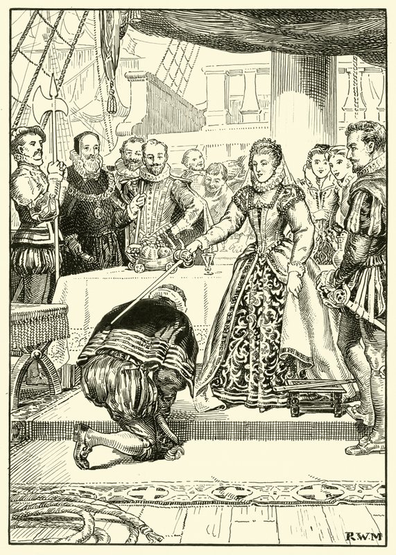 Erzsébet királynő a Golden Hind fedélzetén (tinta papíron) alkotó: English School