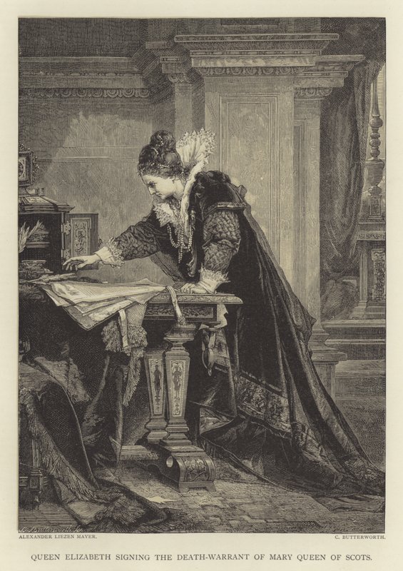 Erzsébet királynő aláírja Mária skót királynő halálos ítéletét alkotó: English School