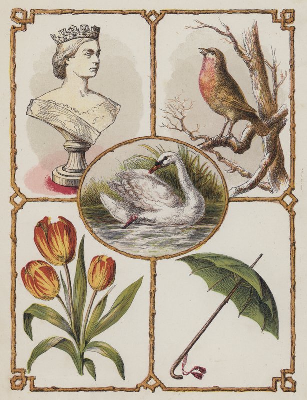 Királynő, vörösbegy, hattyú, tulipán, esernyő (színes litó) alkotó: English School