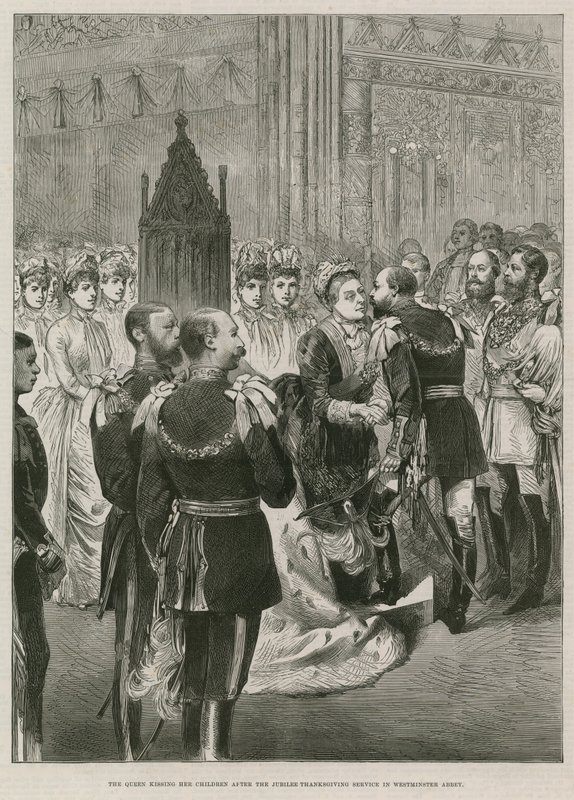 Viktória királynő megcsókolja gyermekeit alkotó: English School