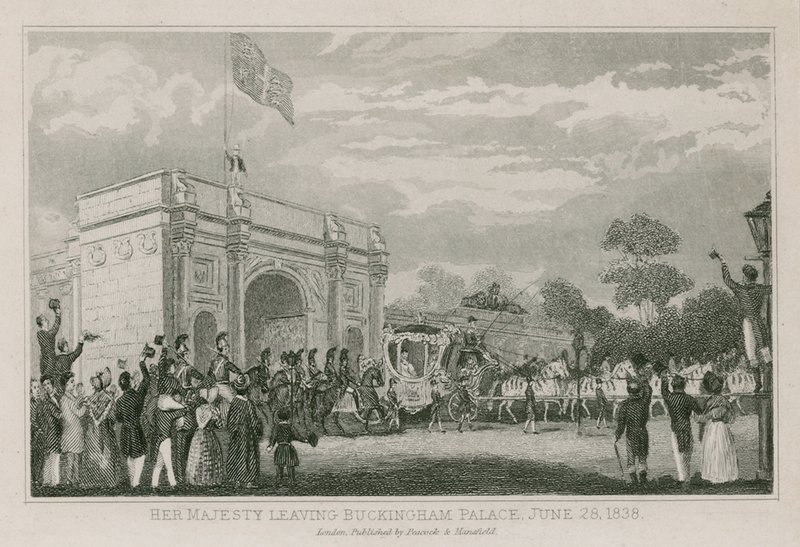 Viktória királynő elhagyja a Buckingham-palotát, 1838. június 28-án alkotó: English School
