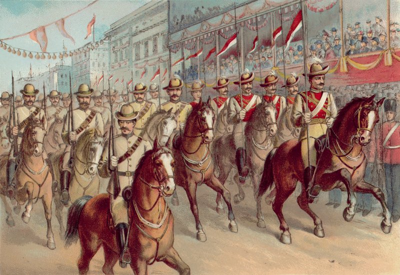 Viktória királynő gyémántjubileuma, 1897, viktoriánus puskák és új-dél-walesi lándzsák a Pall bevásárlóközpont mellett (chromolitho) alkotó: English School