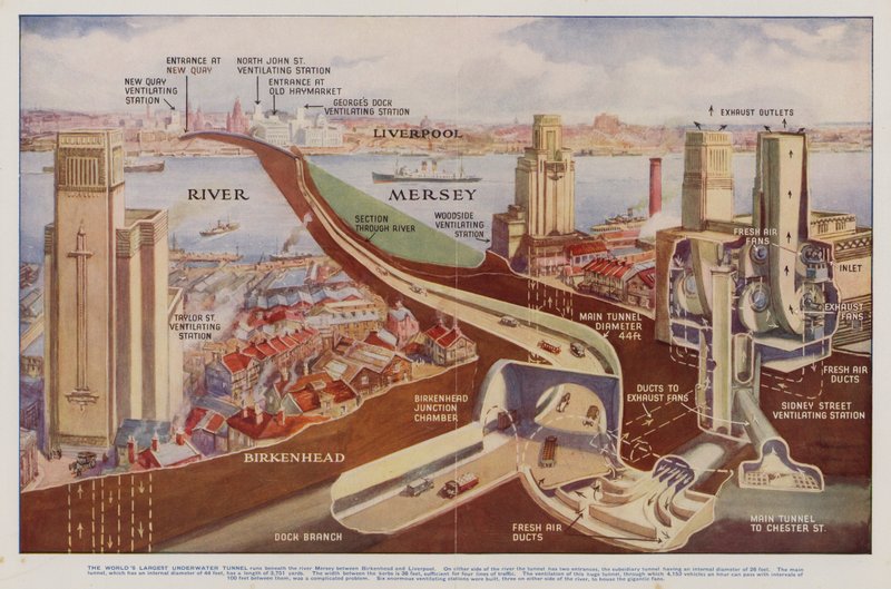 Queensway Tunnel, Liverpool, Merseyside (színes litho) alkotó: English School