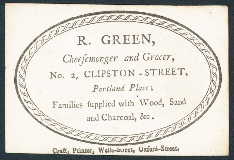 R Green, sajtkereskedő és élelmiszerbolt, kereskedelmi kártya alkotó: English School