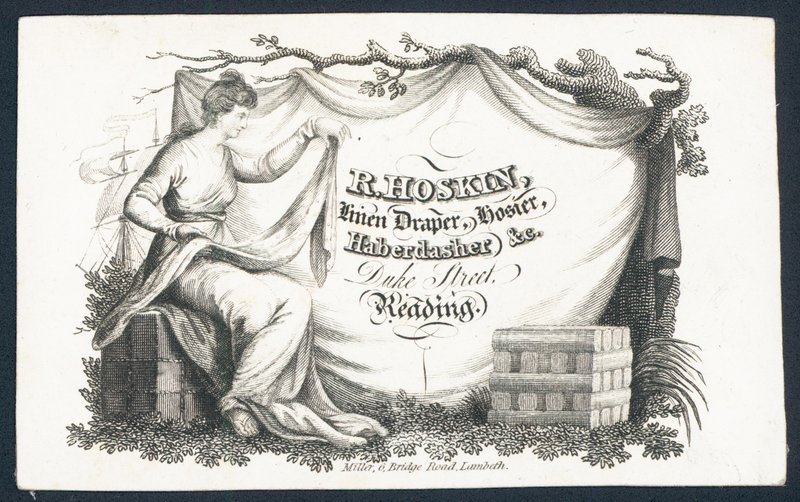 R Hoskin, vászonszövet, harisnya, rövidáru, kereskedelmi kártya alkotó: English School