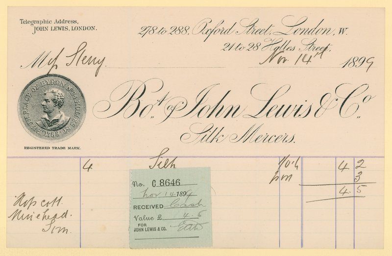 Nyugta a John Lewis & Co.-tól, 1896. november 14 alkotó: English School