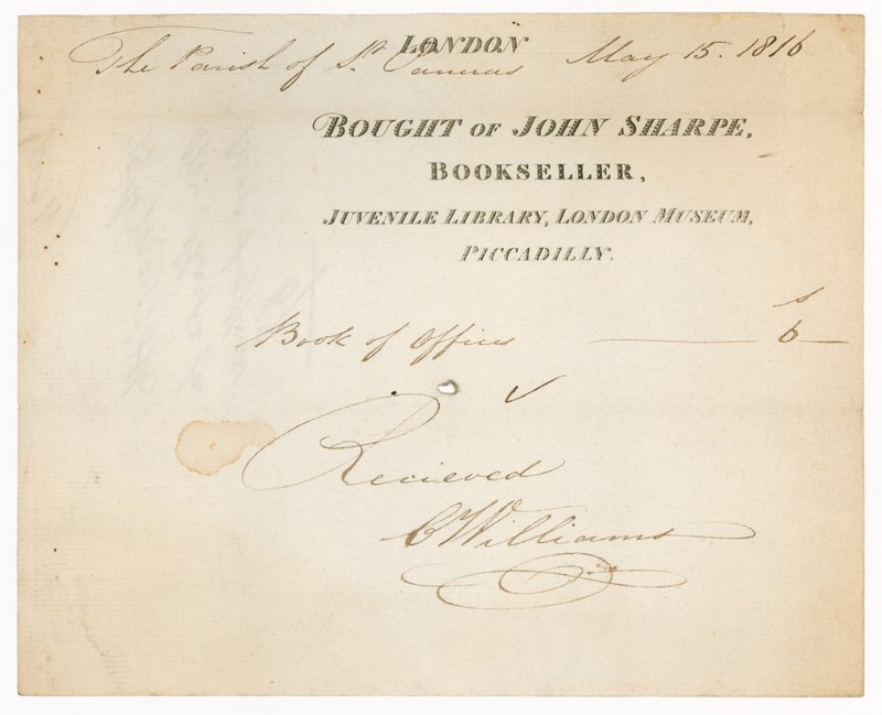 Nyugta John Sharpe könyvkereskedőtől, Fiatalkorúak Könyvtára, Londoni Múzeum, Piccadilly, London alkotó: English School