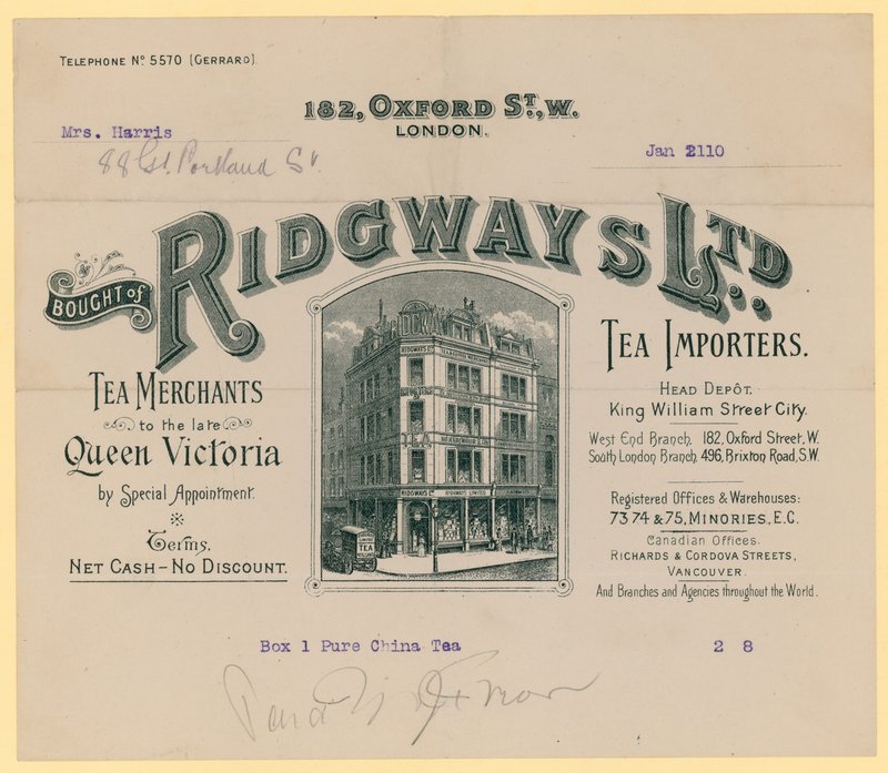 Nyugta a Ridgways-től, teaimportőröktől, 182 Oxford Street, London alkotó: English School