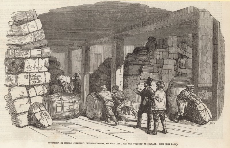 Cuthbert urak, Paternoster Row, szösz stb. fogadása a scutari sebesültek számára alkotó: English School