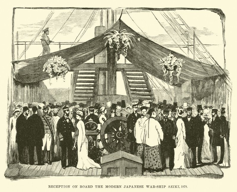 Fogadás a modern japán Seiki hadihajó fedélzetén, 1878 alkotó: English School