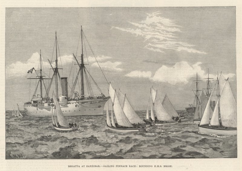 Regatta Zanzibáron, Sailing Pinnace Race, kerekítő HMS Brisk (metszet) alkotó: English School