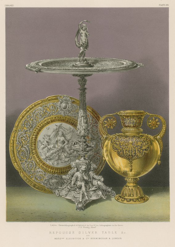 Repousse Silver Table stb., Elkington és Co., Birmingham és London alkotó: English School