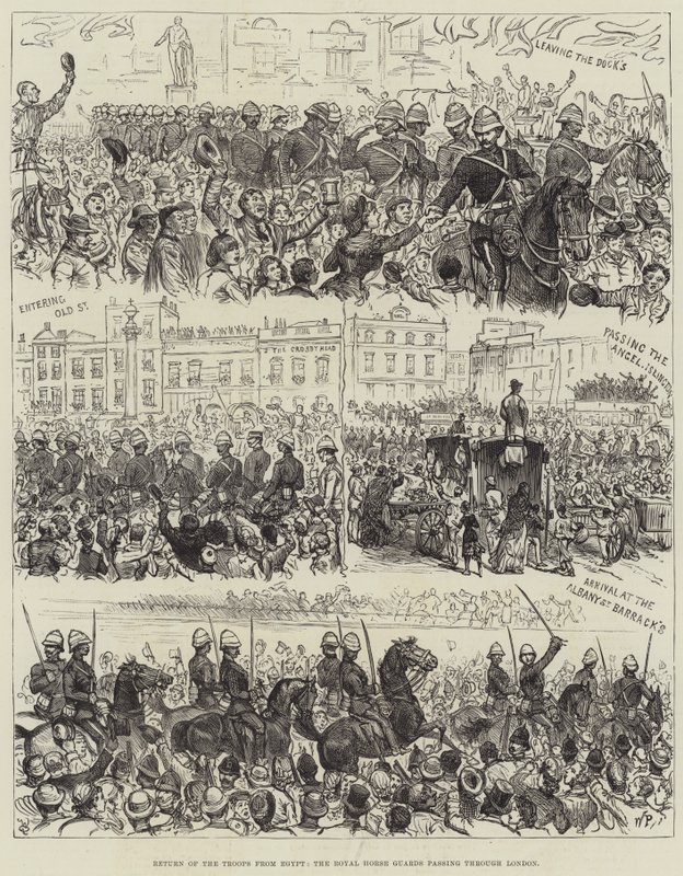 A csapatok visszatérése Egyiptomból, a Royal Horse Guards áthaladása Londonon (metszet) alkotó: English School