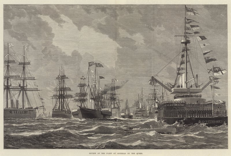 A királynő áttekintése a Spithead-i flottáról (metszet) alkotó: English School