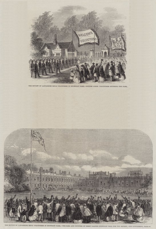Szemle a Lancashire-i puskás önkéntesekről a Knowsley Parkban (metszet) alkotó: English School