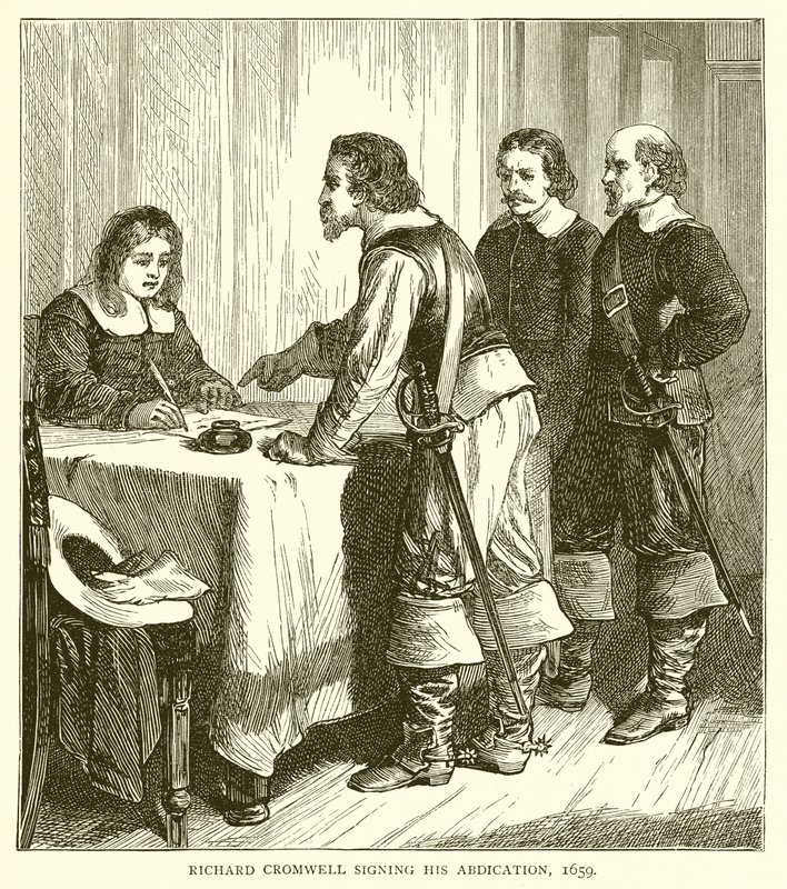 Richard Cromwell aláírja lemondását, 1659 alkotó: English School