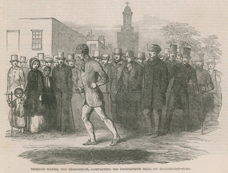 Richard Manks, a gyalogos, a Kennington Ovalon teljesíti ezredik mérföldjét alkotó: English School