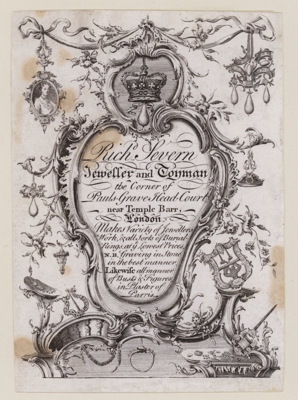 Richard Severn, ékszerész és játékkereskedő, Temple Bar, London, névjegykártya alkotó: English School