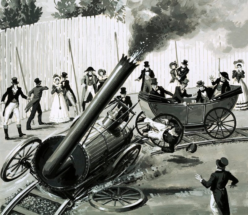 Richard Trevithick egy kis körvasutat épített Londonban, hogy megismertesse az emberekkel a vasúti utazást (gouache papíron) alkotó: English School