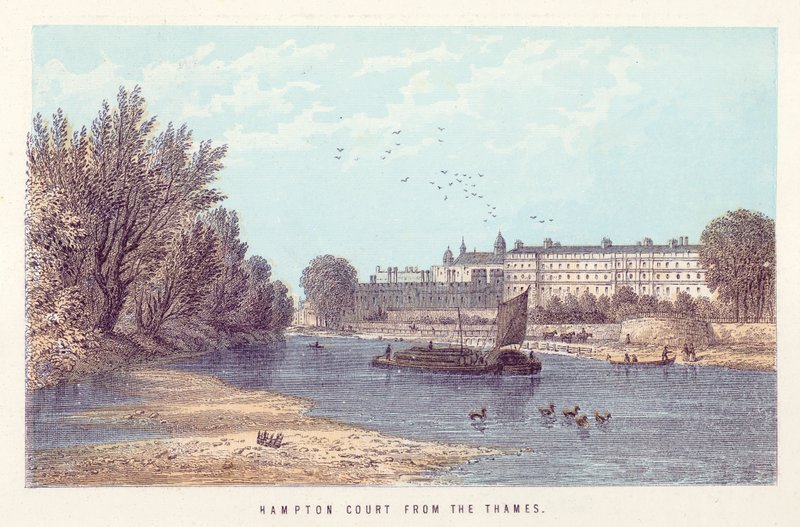 Temze folyó: Hampton Court a Temzétől (színes metszet) alkotó: English School