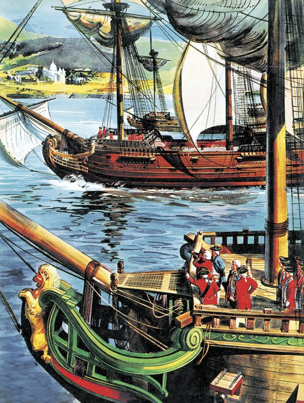 Robert Clive felhajózik a Bengáli-öbölön a Gangesz torkolatáig alkotó: English School