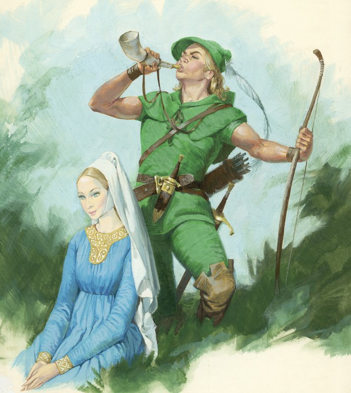 Robin Hood fújja a kürtöt (gouache, papír) alkotó: English School
