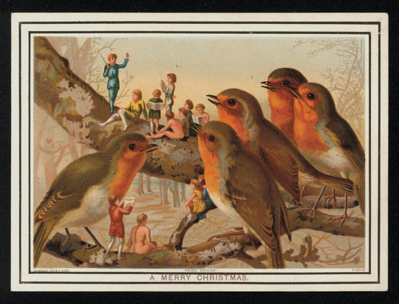 Robins és egy csoport előadóművész, karácsonyi üdvözlőlap. (chromolitho) alkotó: English School