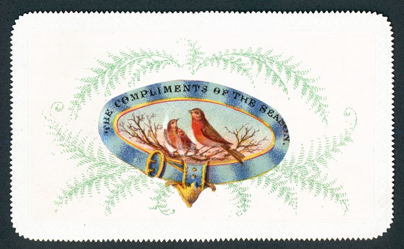 Robins ül ovális páfrány körül, karácsonyi kártya alkotó: English School