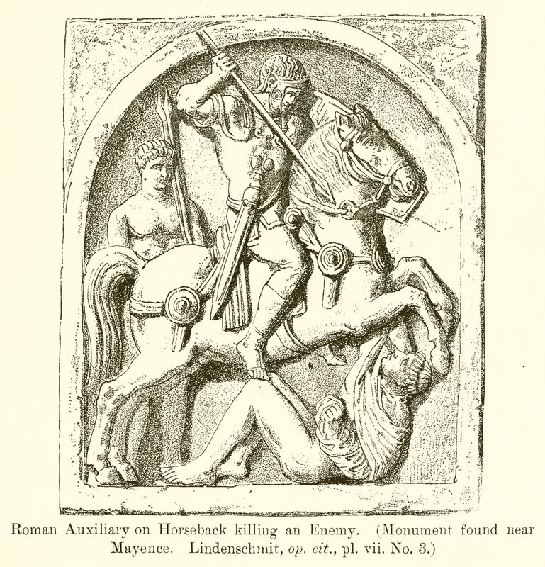 Római segédcsapat lóháton megöl egy ellenséget. (Mayence mellett talált emlékmű. Lindenschmit, op. cit., vii. 3. sz.) alkotó: English School