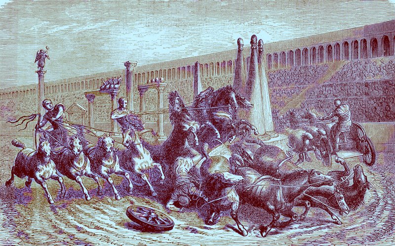 Római nyilvános játékok a birodalom alatt – szekérverseny a cirkuszban, illusztráció a The Illustrated History of the Worldből, megjelent 1880 körül (digitálisan javított kép) alkotó: English School