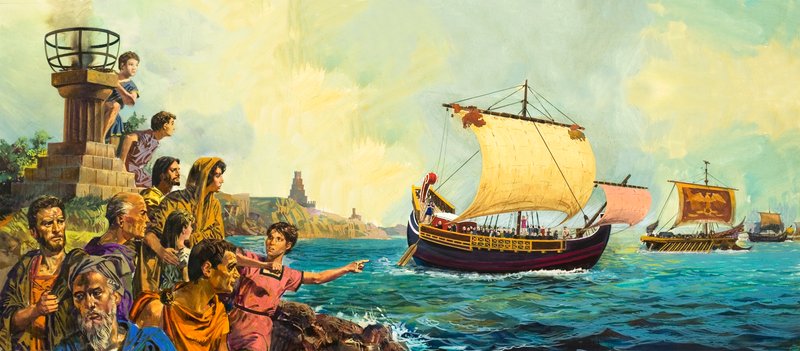 A római katonák a hajó fedélzetén hagyják el Nagy-Britanniát alkotó: English School