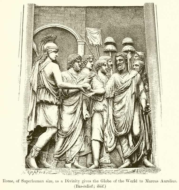 Az emberfeletti méretű Róma, mint istenség, Marcus Aureliusnak adja a Világ Földgömbjét. (Déldombormű; uo.) alkotó: English School