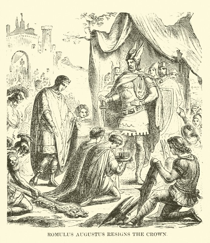 Romulus Augustus lemond a koronáról alkotó: English School