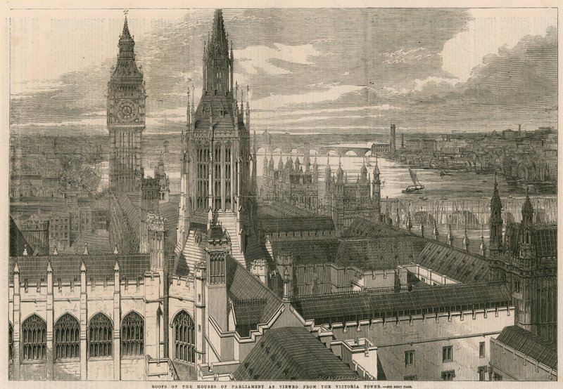 A Parlament háztetői a Victoria-toronyból nézve alkotó: English School