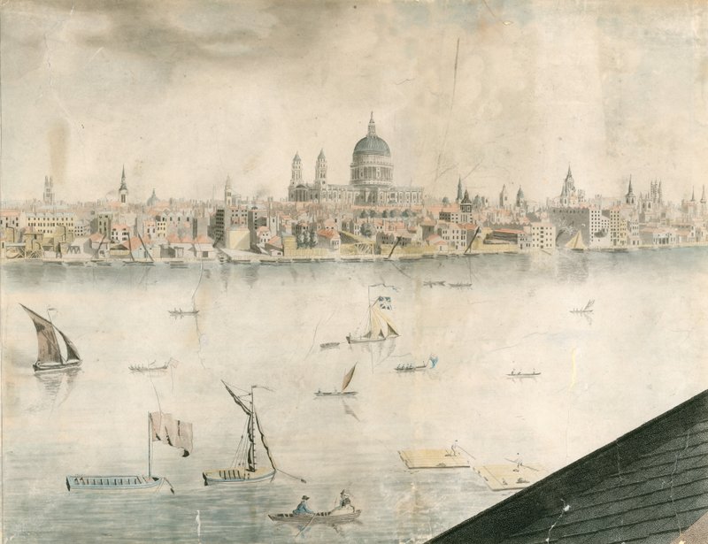 Tetőtéri kilátás a Szent Pál-székesegyházra, Londonra és a Temzére alkotó: English School