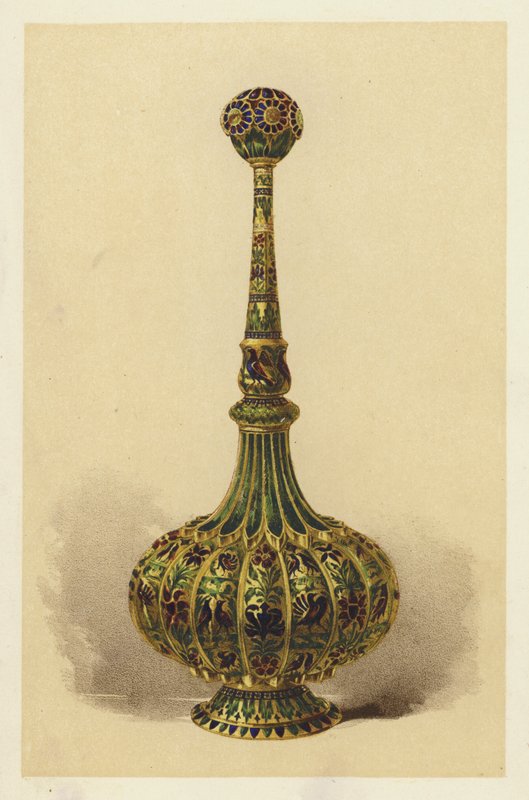 Rózsavizes palack, vagy locsoló, ezüst aranyozott és zománcozott (chromolitho) alkotó: English School