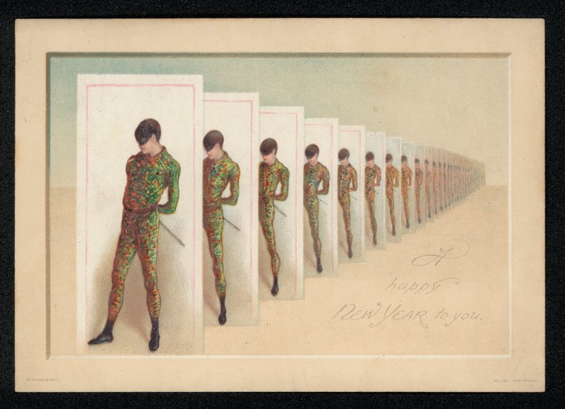 Kártyasor egy maszkos férfi képével, újévi üdvözlőlap (chromolitho) alkotó: English School