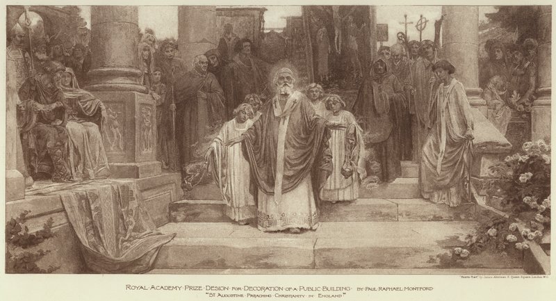 Királyi Akadémia-díjas terv egy középület díszítésére, "Szent Ágoston a kereszténységet prédikálja Angliában" (metszet) alkotó: English School