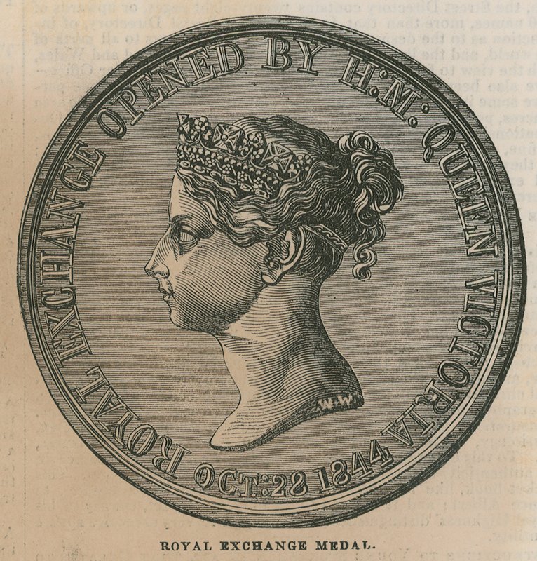 Királyi csereérem, amelyet a Királyi Tőzsde 1844-es megnyitásának emlékére ütöttek alkotó: English School