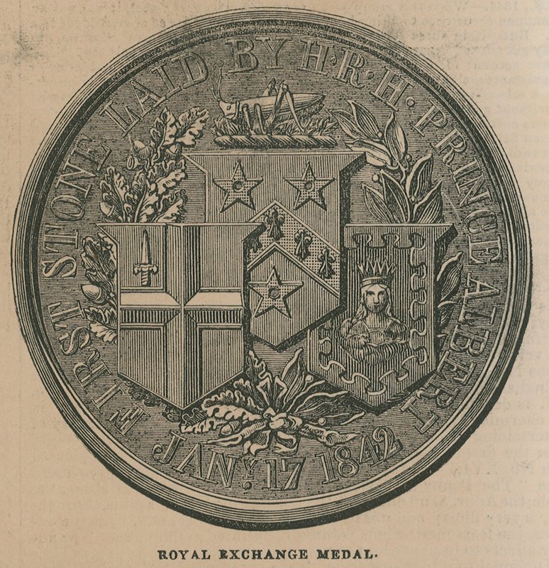 Királyi csereérem, amelyet a Királyi Tőzsde 1844-es megnyitásának emlékére ütöttek alkotó: English School
