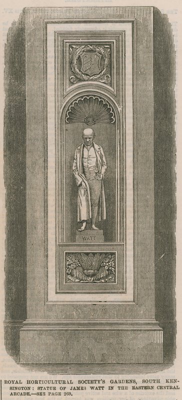 Királyi Kertészeti Társaság kertjei, South Kensington: James Watt szobra a keleti központi árkádban alkotó: English School