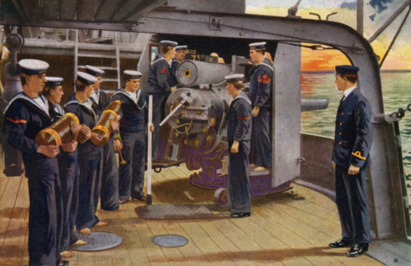 Királyi haditengerészeti laktanya, Chatham: A flottával, az ágyú legénysége fúr egy 6 hüvelykes ágyúnál (színes litho) alkotó: English School