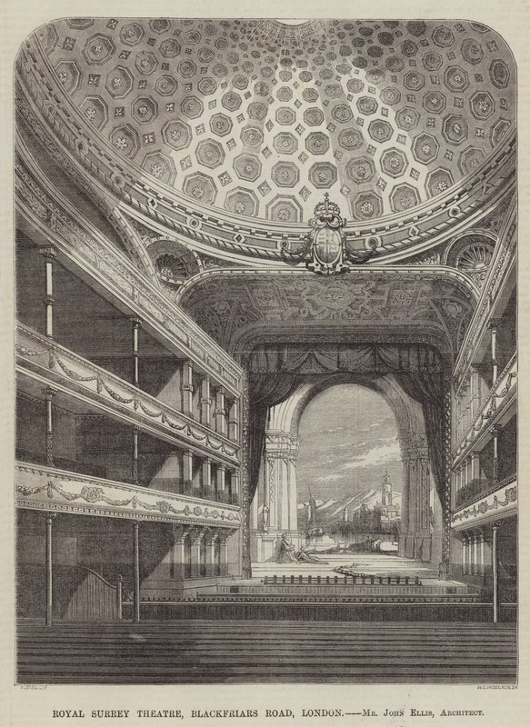 Royal Surrey Színház, Blackfriars Road, London, John Ellis úr, építész (metszet) alkotó: English School