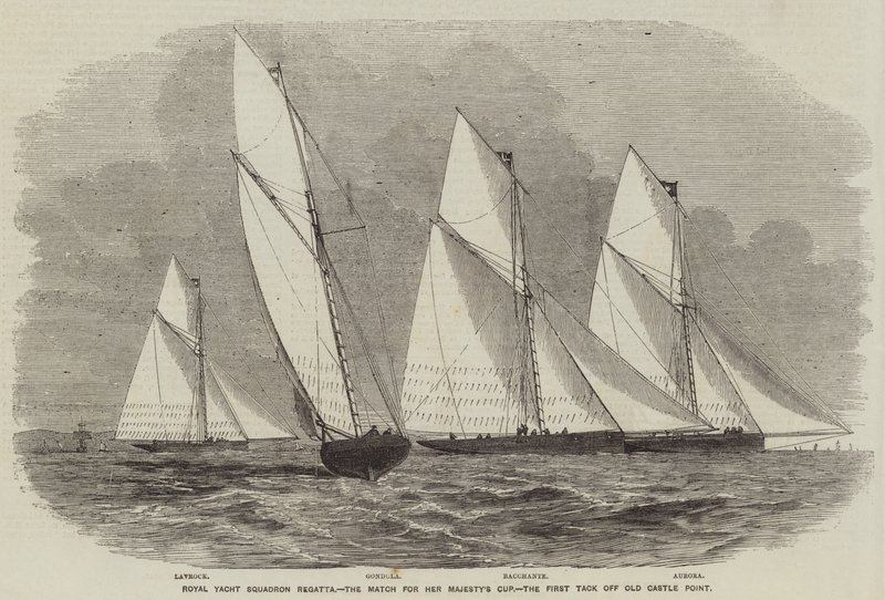 Royal Yacht Squadron Regatta, az Őfelsége Kupájáért vívott mérkőzés, az Old Castle Point első felszállása (metszet) alkotó: English School