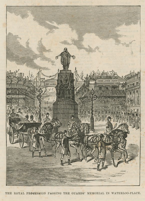 Királyi felvonulás a Waterloo Place-i gárdisták emlékműve mellett alkotó: English School