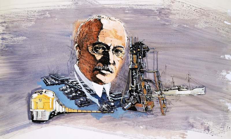 Rudolf Diesel vonatok, hajók és dokkok hátterében alkotó: English School