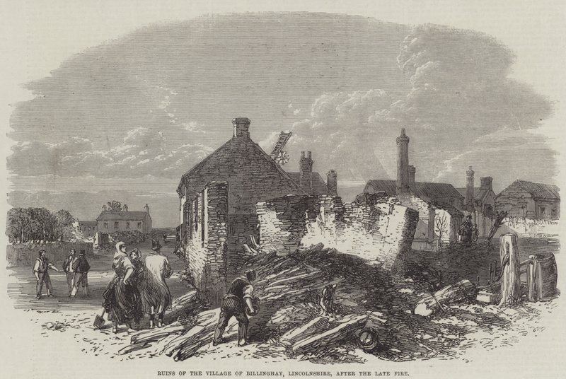 Billinghay falu romjai, Lincolnshire, a késői tűzvész után (metszet) alkotó: English School