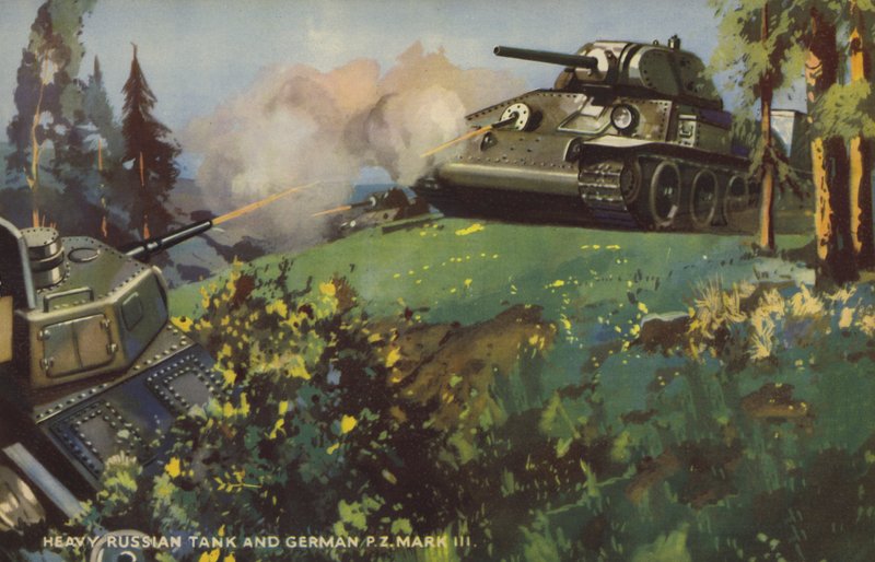 Orosz nehéz harckocsi és német Panzer III, II. világháború (színes litho) alkotó: English School